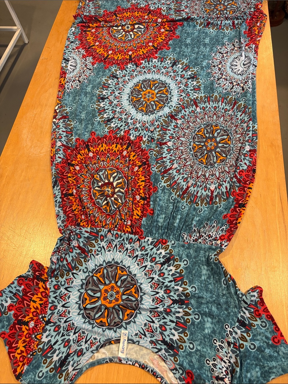 Euovmy ~ Boho Mandala Stretch Dress Long Blue Black & Orange Accents